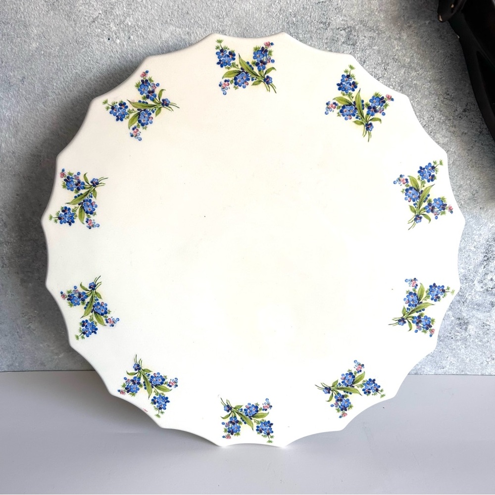 1979 White Blue Floral Ceramic Cake Stand Pedestal 10” Pastry Plate